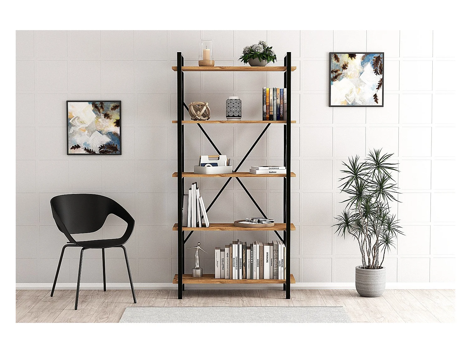 Étagère bibliothèque style industriel Halzo L100xH150cm Métal Noir et Bois clair