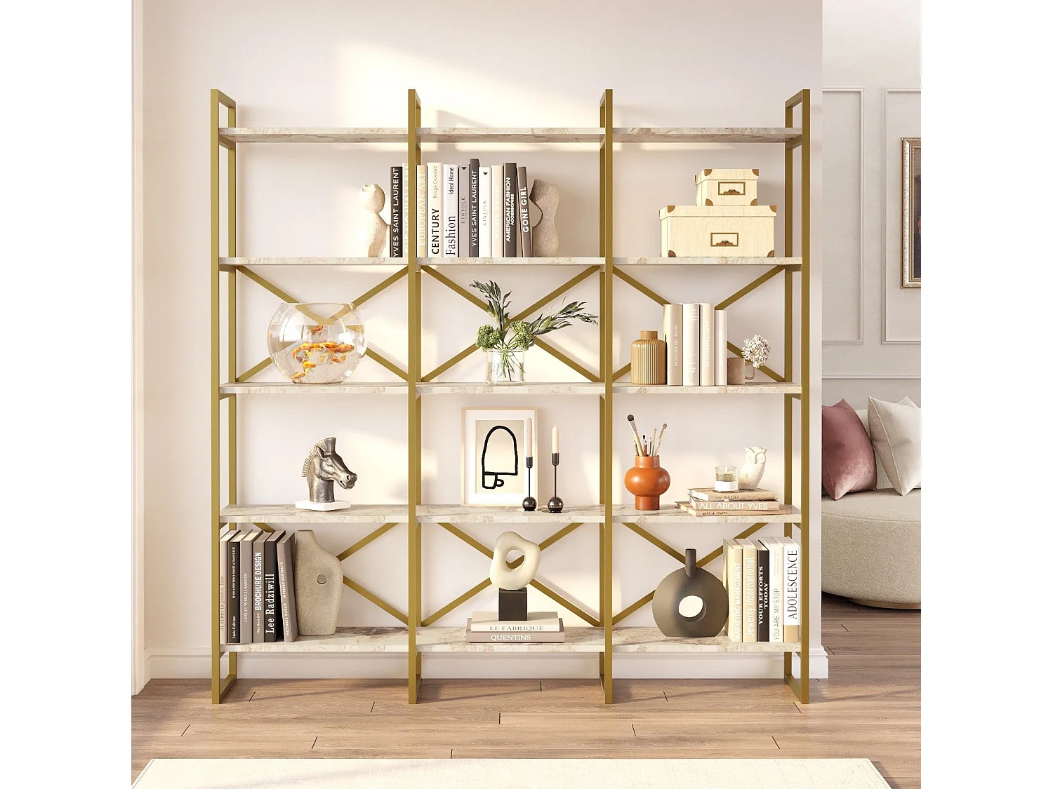 Estante de livros – 170 x 175 x 30 cm – Mármore branco e dourado – Metal