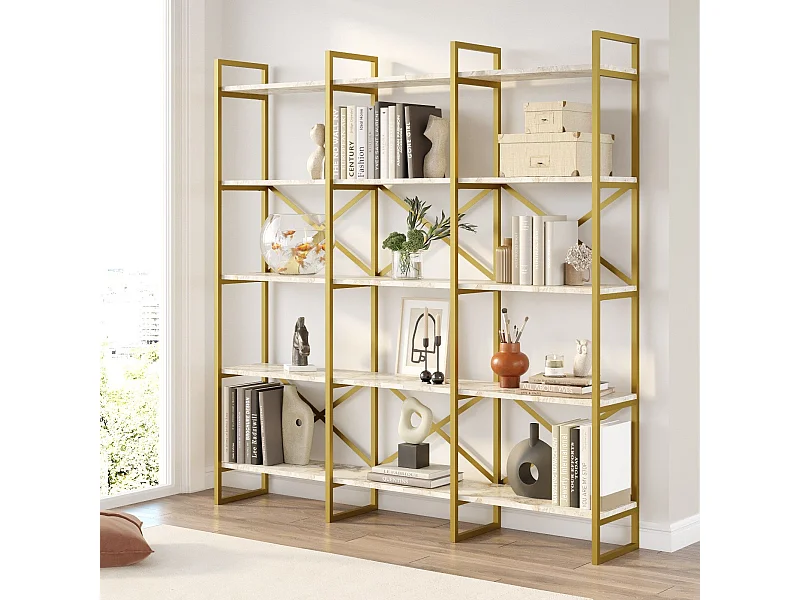 Étagère bibliothèque Opawa L170cm Métal Or et Bois Effet marbre Blanc