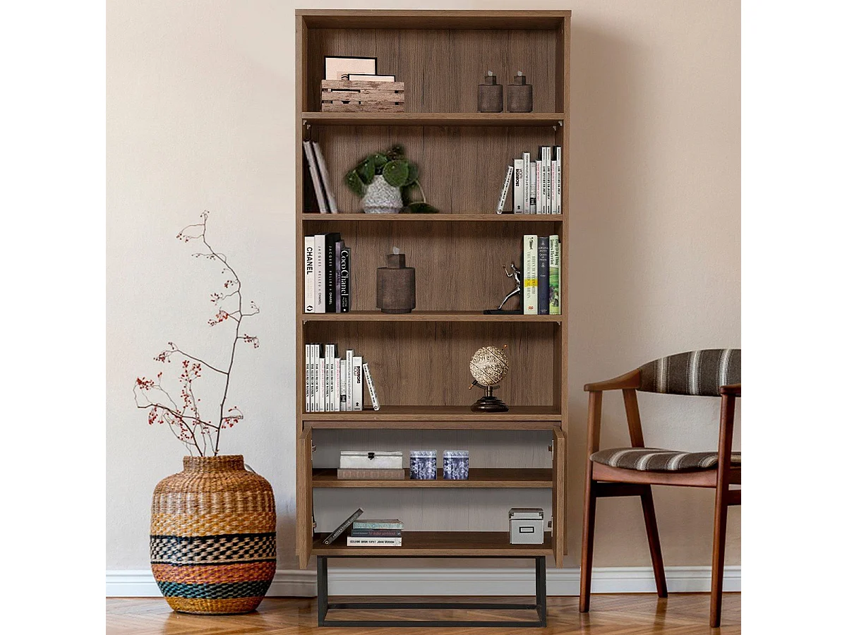 Etagère avec 3 tablettes et 2 portes décor noyer H182 cm - Rea