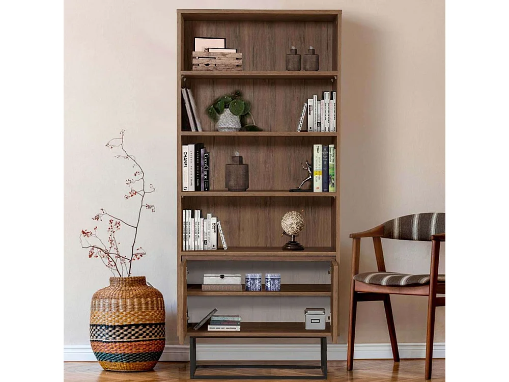 Etagère avec 3 tablettes et 2 portes décor noyer H182 cm - Rea