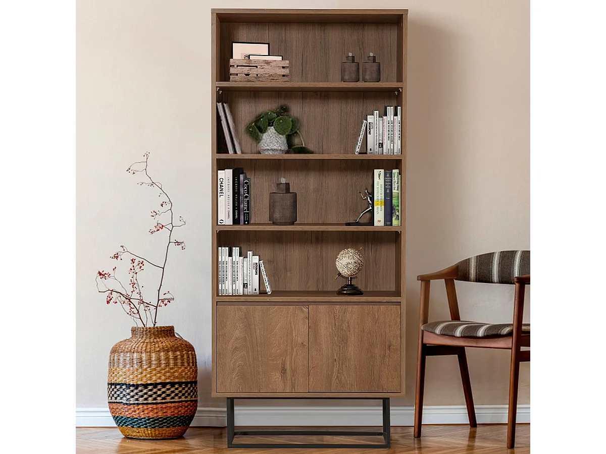 Etagère avec 3 tablettes et 2 portes décor noyer H182 cm - Rea