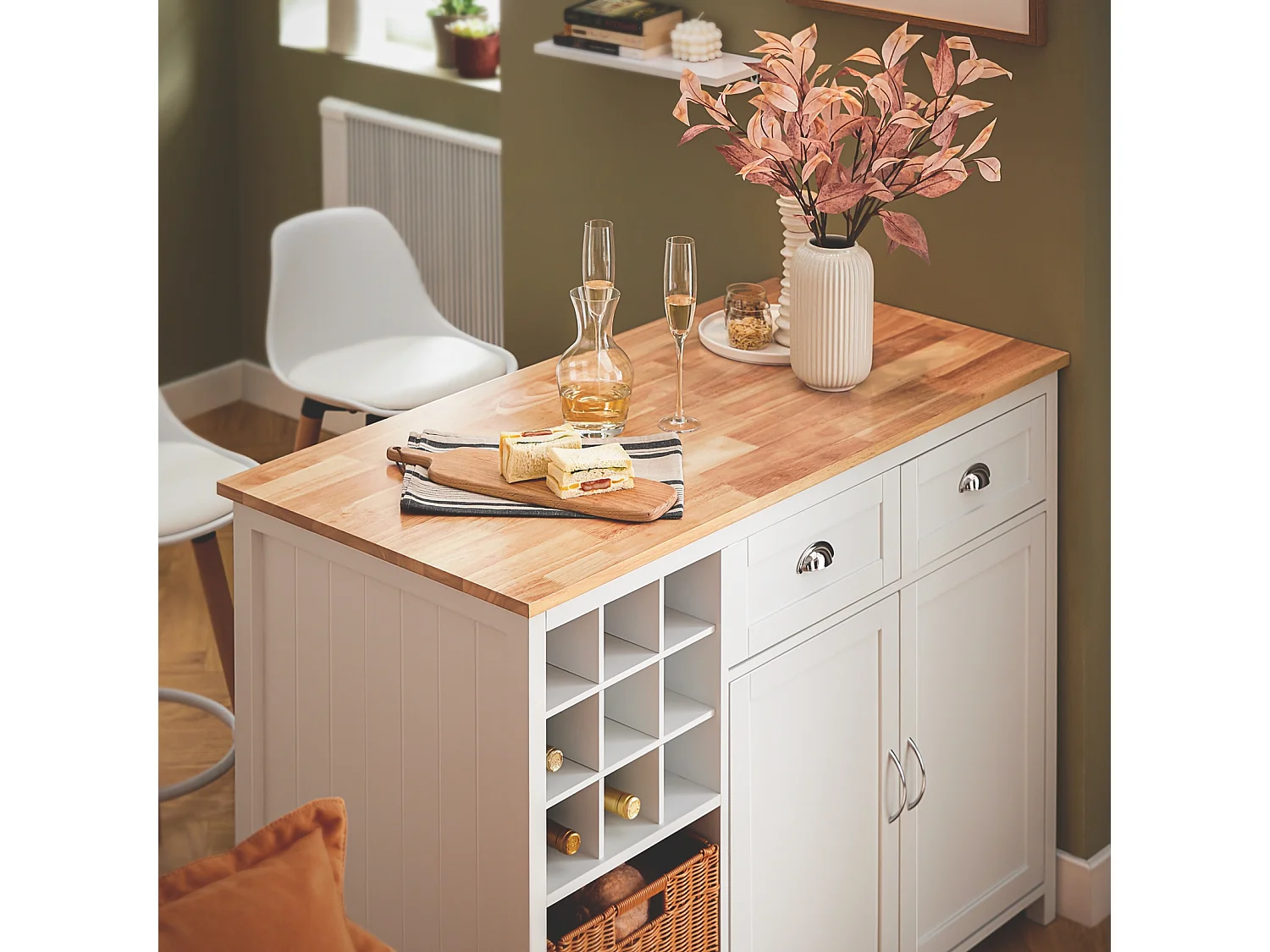 SoBuy KNL05-W îlot Central de Cuisine, Placard, Buffet de Cuisine avec Porte-Bouteille pour 9 Bouteilles