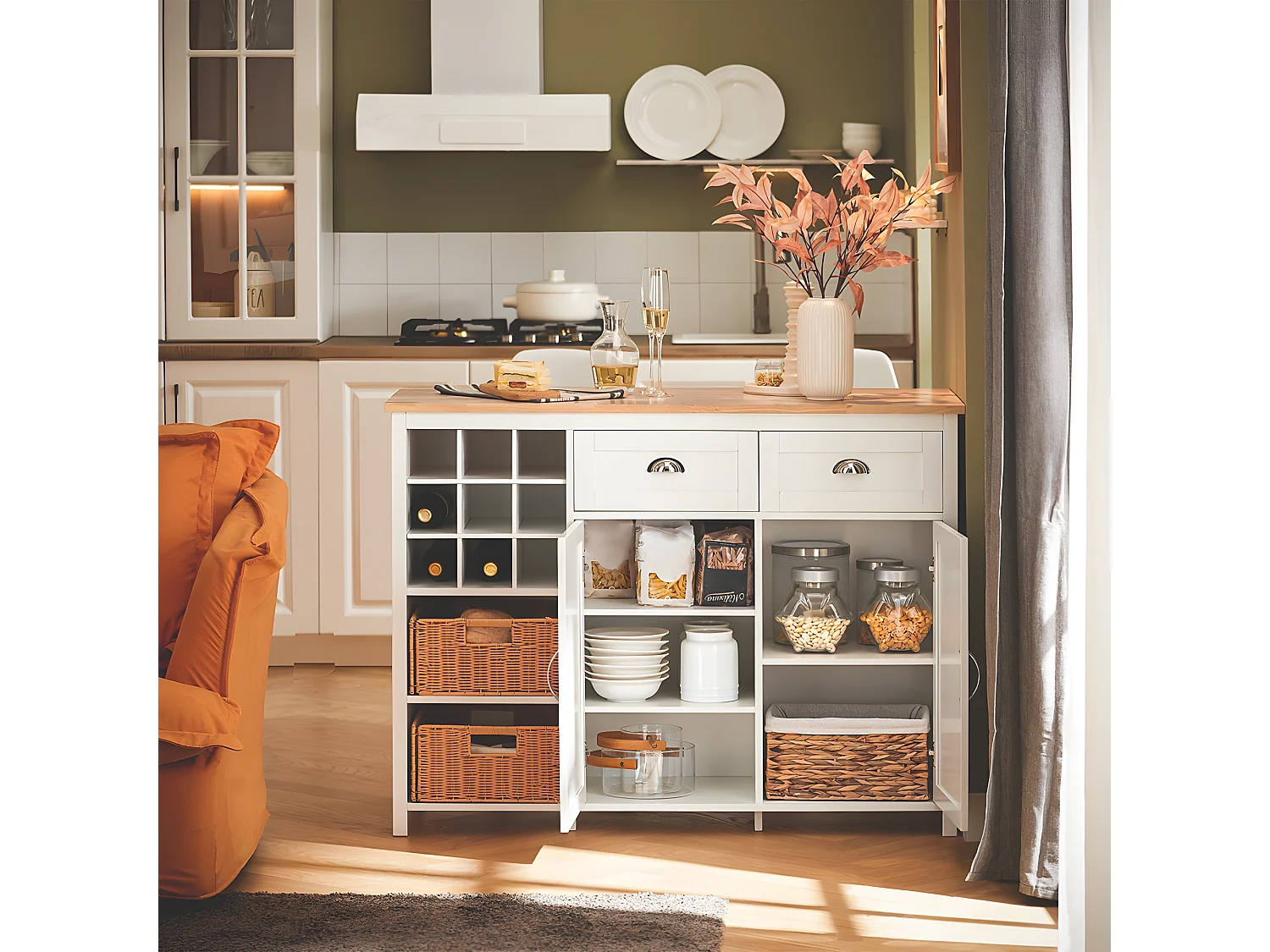 SoBuy KNL05-W îlot Central de Cuisine, Placard, Buffet de Cuisine avec Porte-Bouteille pour 9 Bouteilles