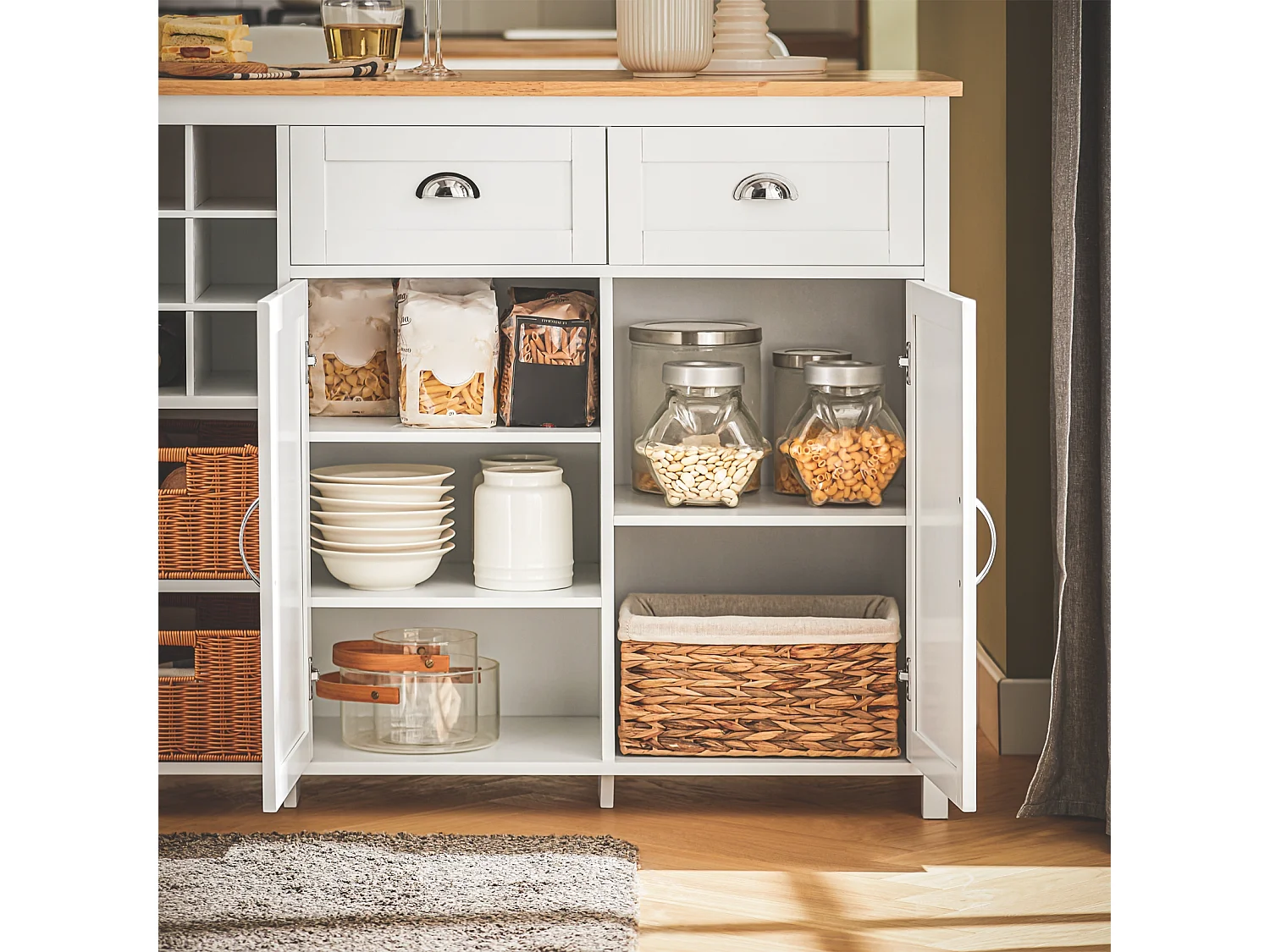 SoBuy KNL05-W îlot Central de Cuisine, Placard, Buffet de Cuisine avec Porte-Bouteille pour 9 Bouteilles