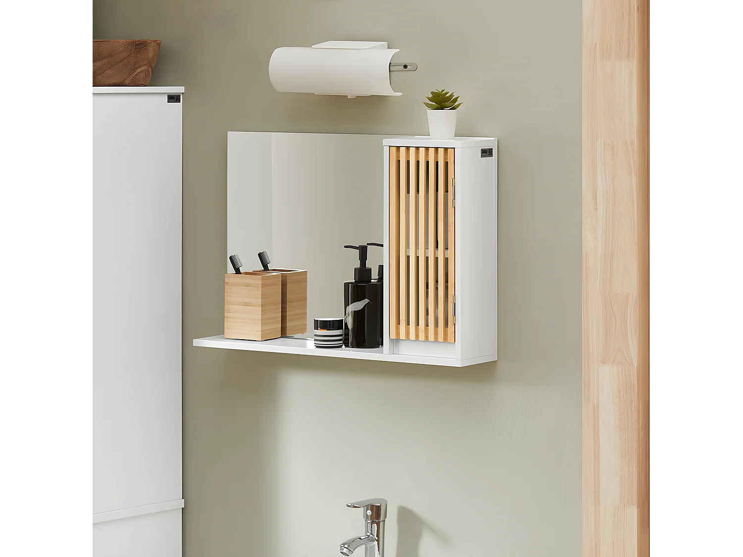 SoBuy BZR128-W Miroir de Salle de Bain avec Étagère Plateau Commode Armoire Murale Miroir Mural Meuble Salle de Bain Suspendue Placard Mural