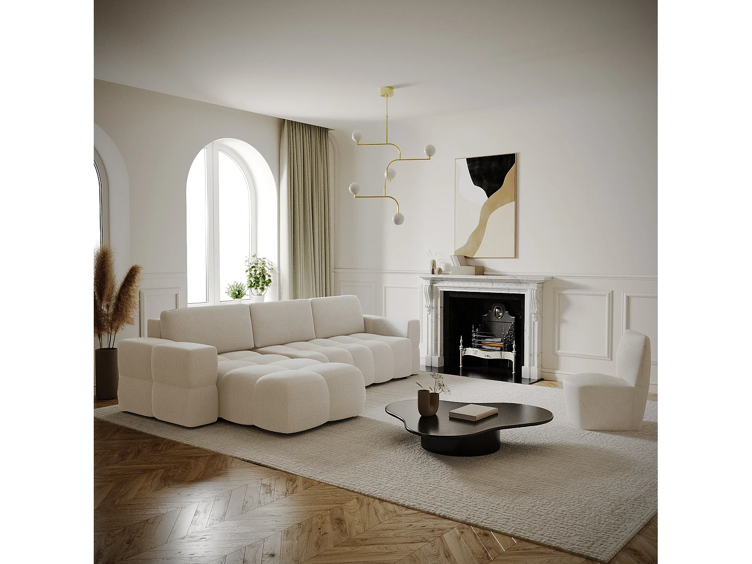 Canapé d'angle droit convertible coffre 5 places tissu tramé crème  GABRIEL