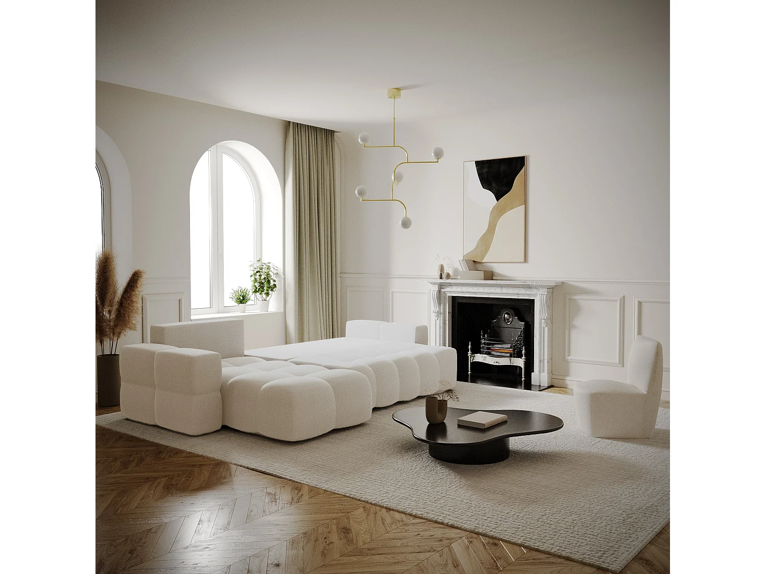 Canapé d'angle droit convertible coffre 5 places tissu tramé crème  GABRIEL