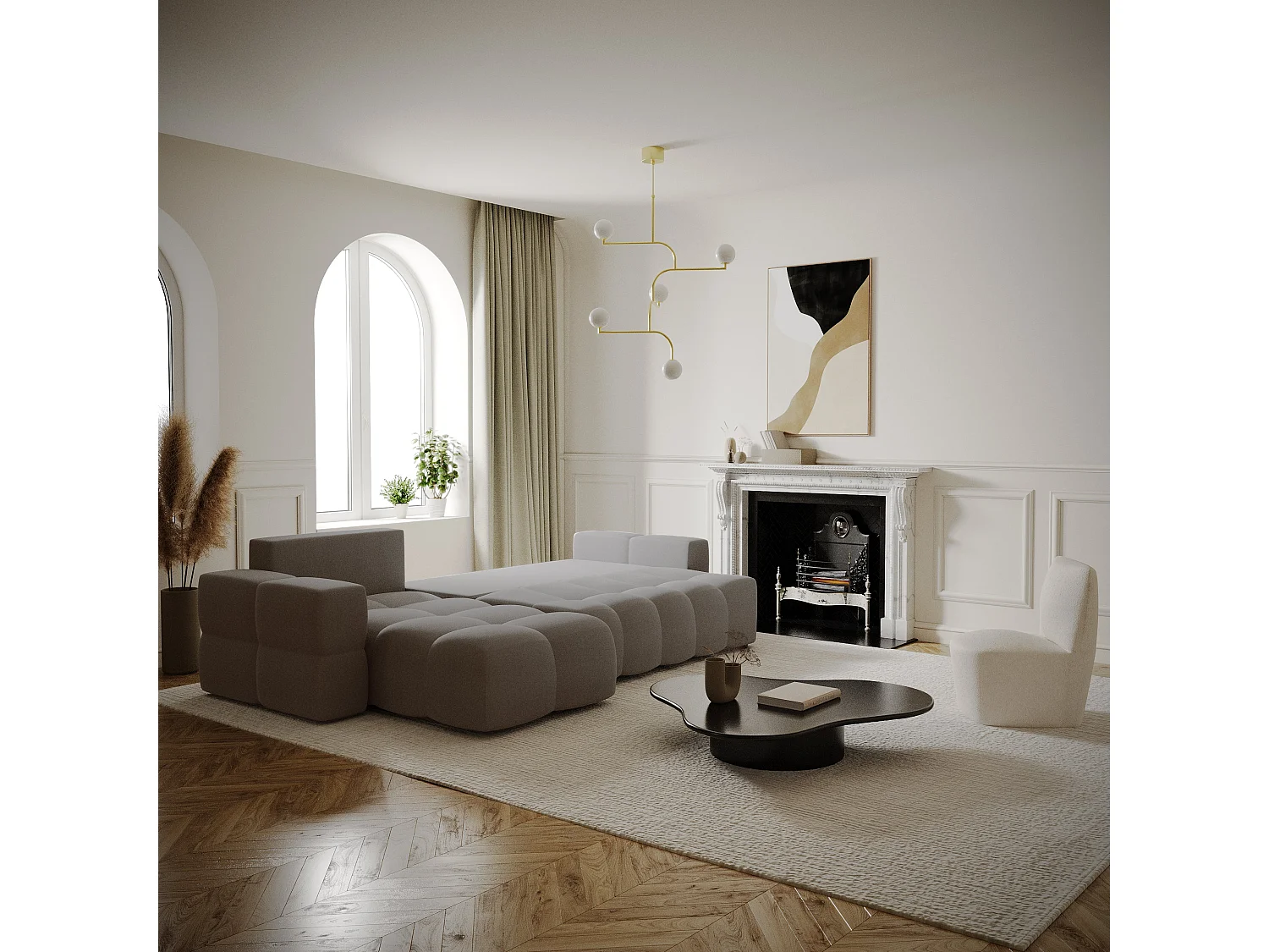 Canapé d'angle droit convertible coffre tissu tramé taupe 286cm