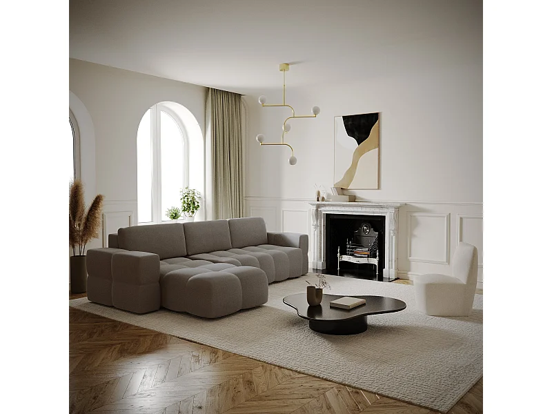 Canapé d'angle droit convertible coffre 5 places tissu tramé taupe GABRIEL