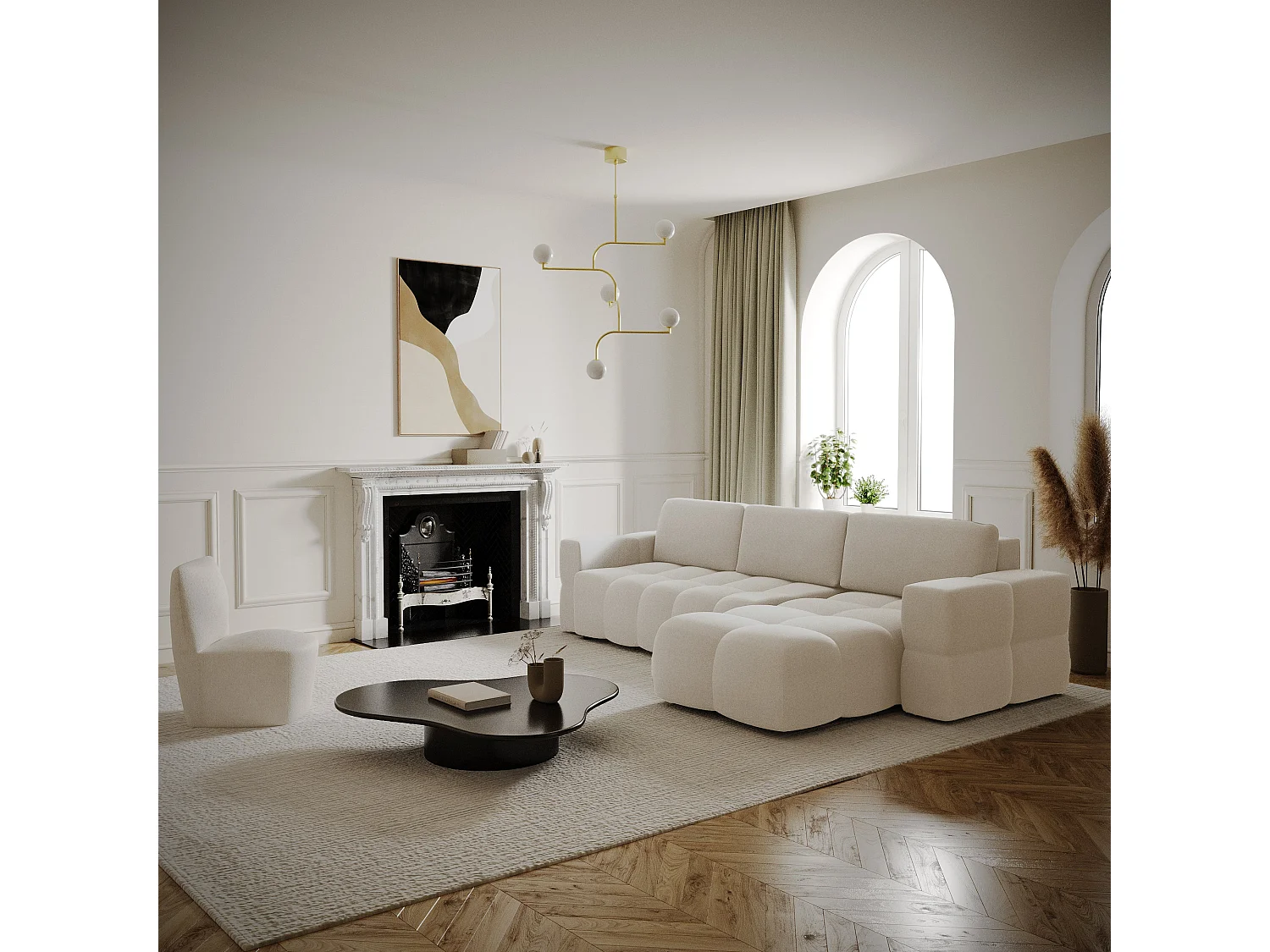 Canapé d'angle gauche convertible coffre 5 places tissu tramé crème  GABRIEL