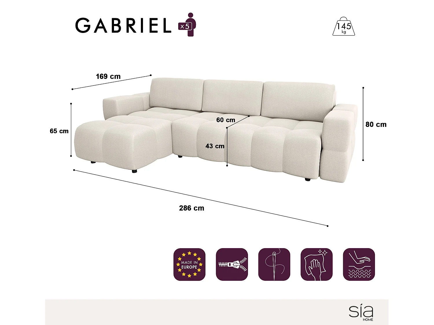 Canapé d'angle gauche convertible coffre 5 places tissu tramé crème  GABRIEL