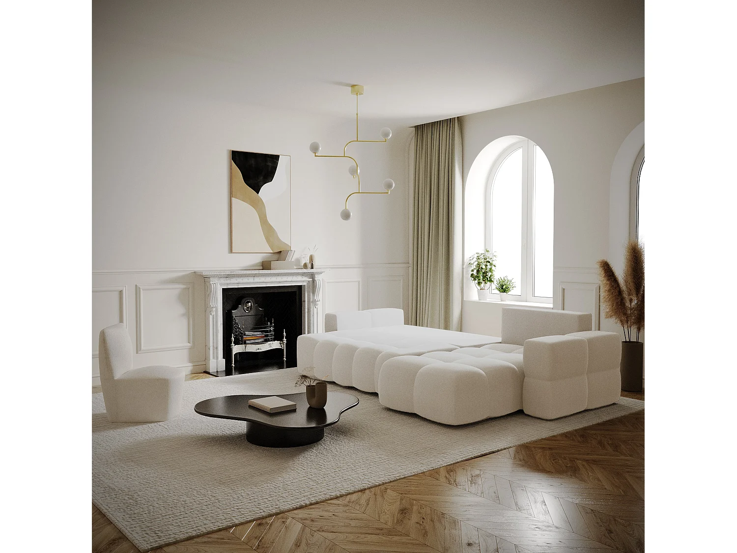 Canapé d'angle convertible 5 places avec coffre en coton crème