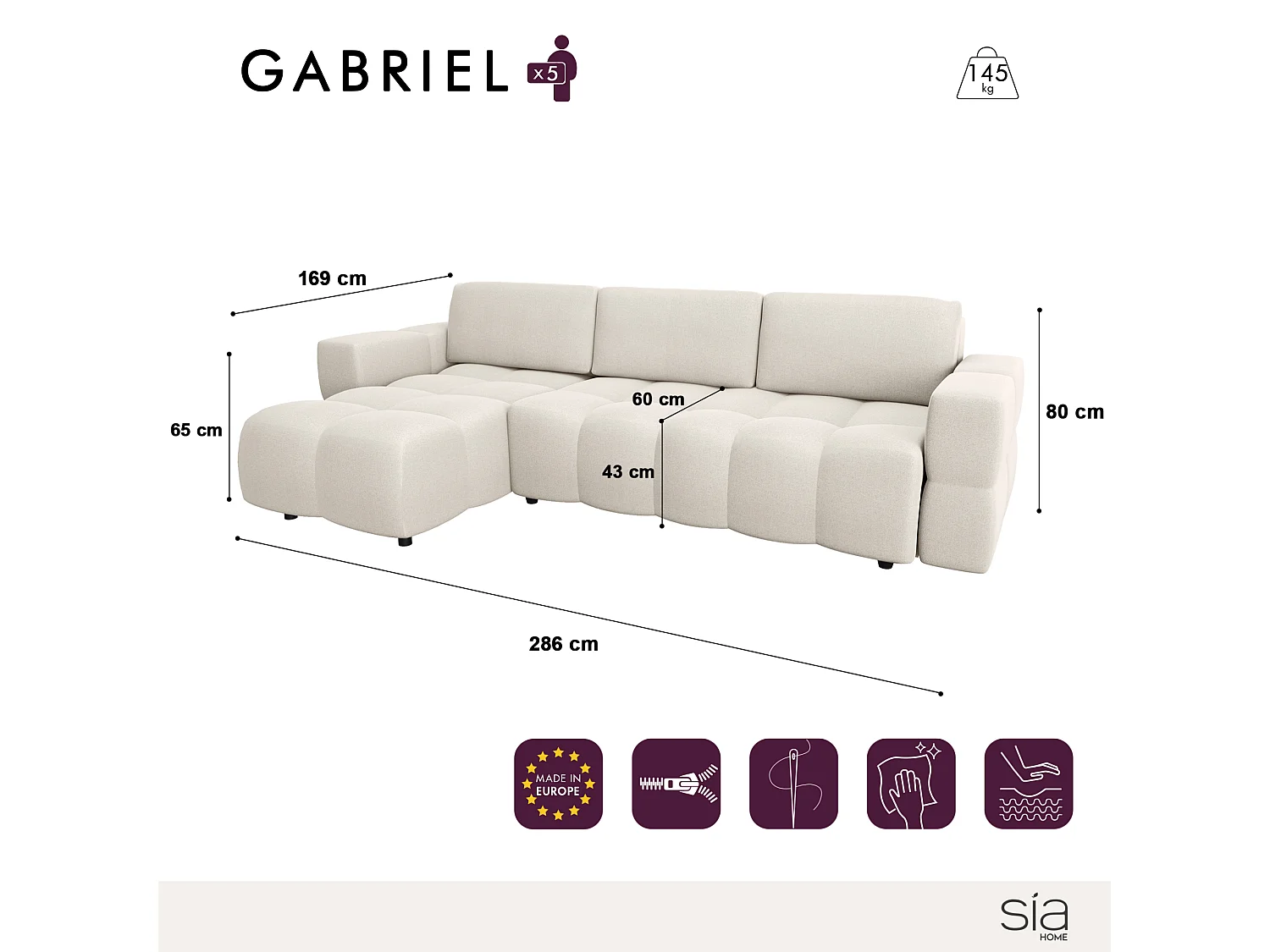 Canapé d'angle convertible 5 places avec coffre en coton crème