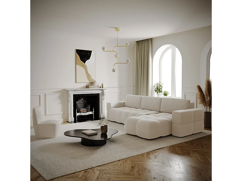 Canapé d'angle gauche convertible coffre 5 places tissu tramé crème  GABRIEL