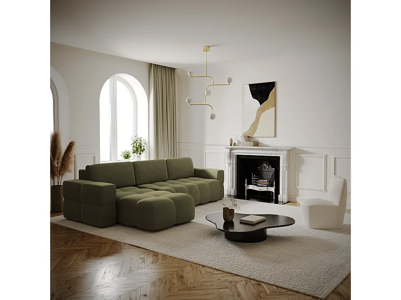 Canapé d'angle droit convertible coffre 5 places tissu tramé vert  GABRIEL