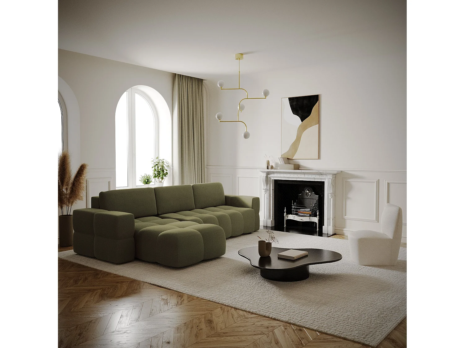 Canapé d'angle droit convertible 5 places GABRIEL en tissu tramé vert olive
