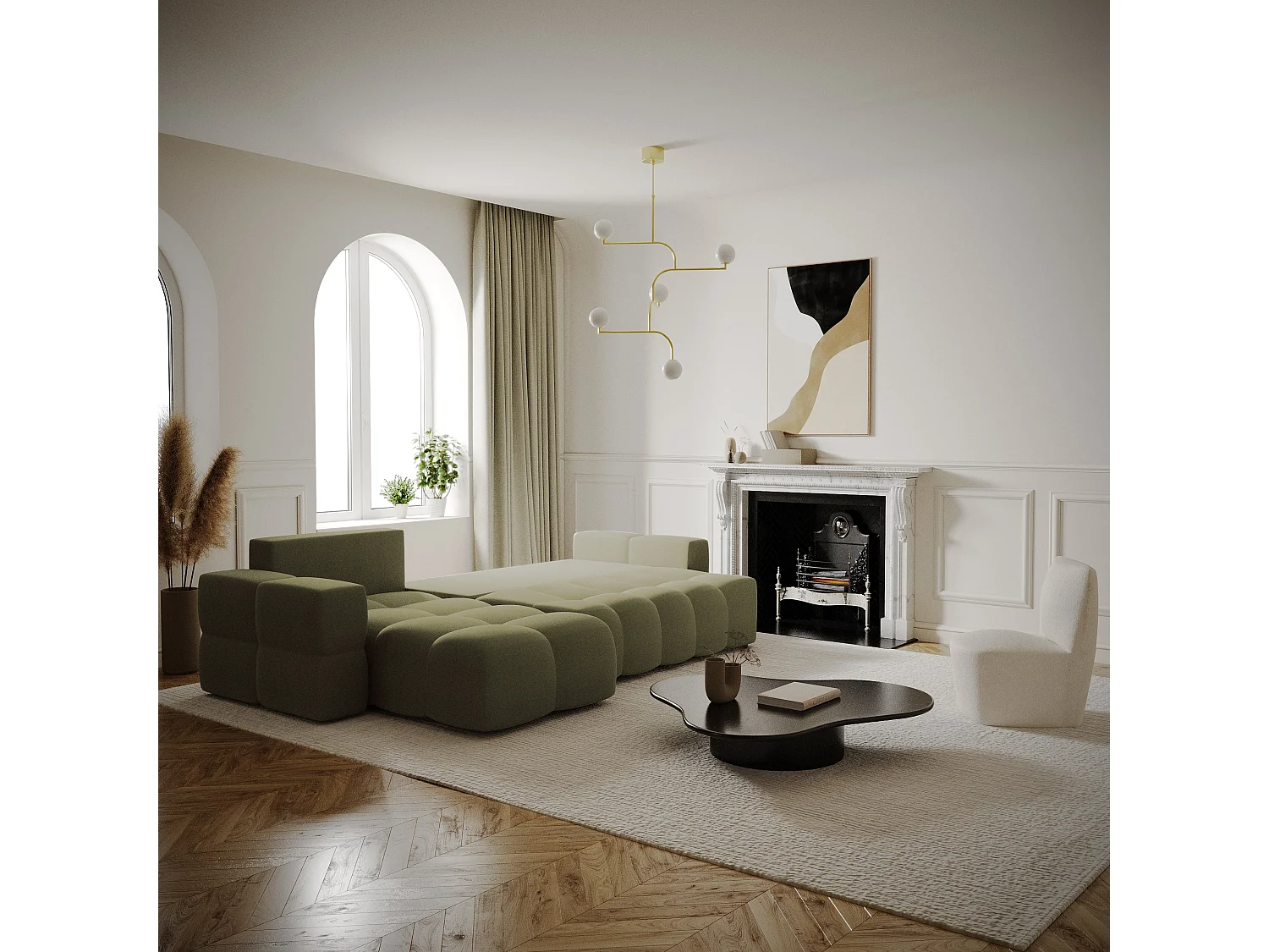 Canapé d'angle droit convertible 5 places GABRIEL en tissu tramé vert olive