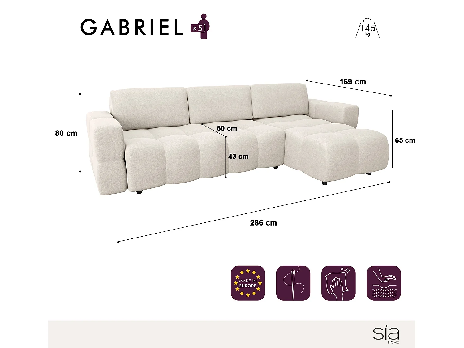 Canapé d'angle droit convertible 5 places GABRIEL en tissu tramé vert olive