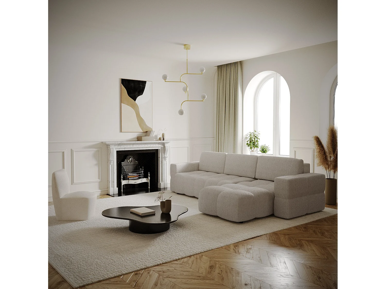 Canapé d'angle gauche convertible coffre 5 places bouclette beige  GABRIEL