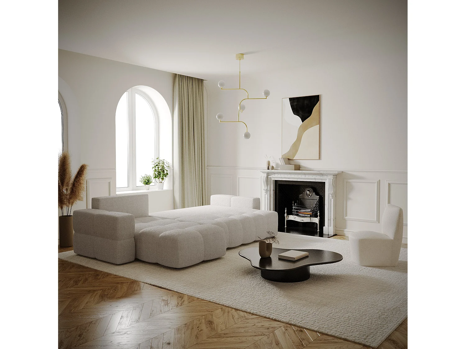 Canapé d'angle gauche convertible coffre 5 places bouclette beige  GABRIEL