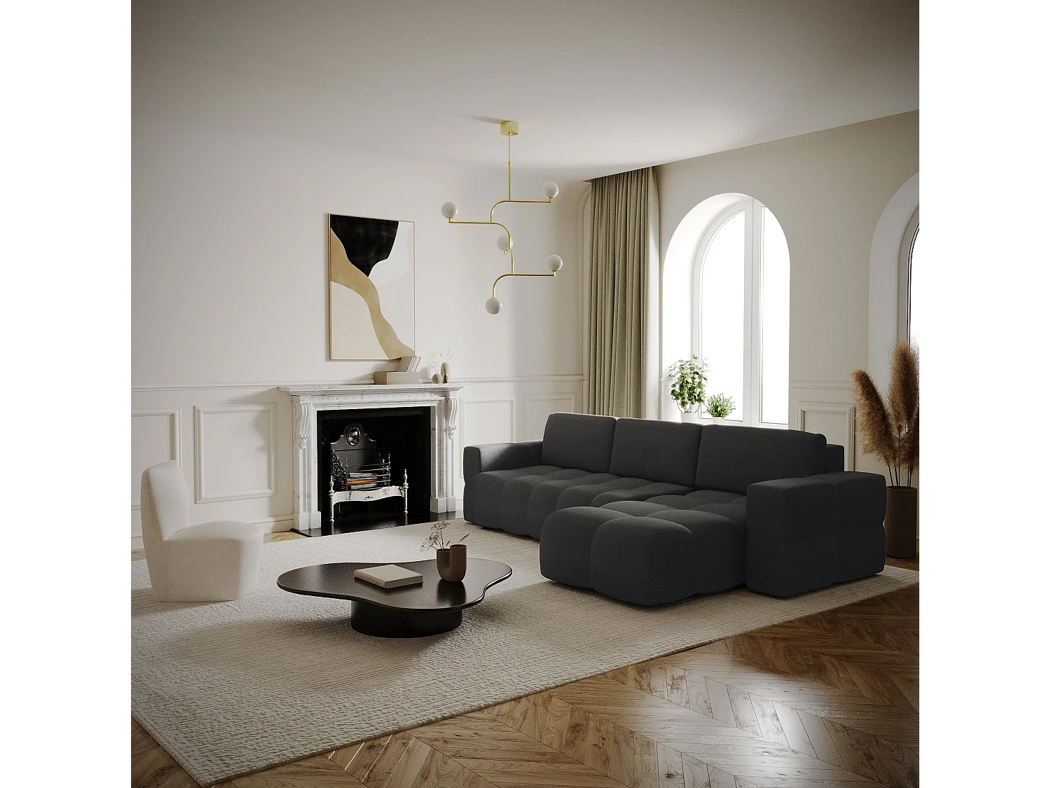 Canapé d'angle gauche convertible 5 places GABRIEL en tissu tramé gris anthracite