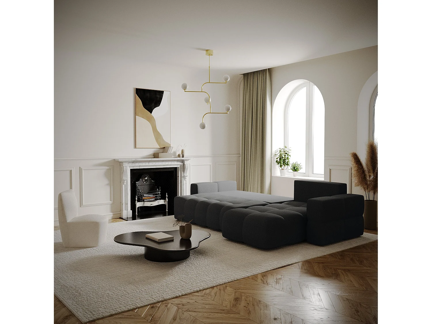 Canapé d'angle gauche convertible 5 places GABRIEL en tissu tramé gris anthracite