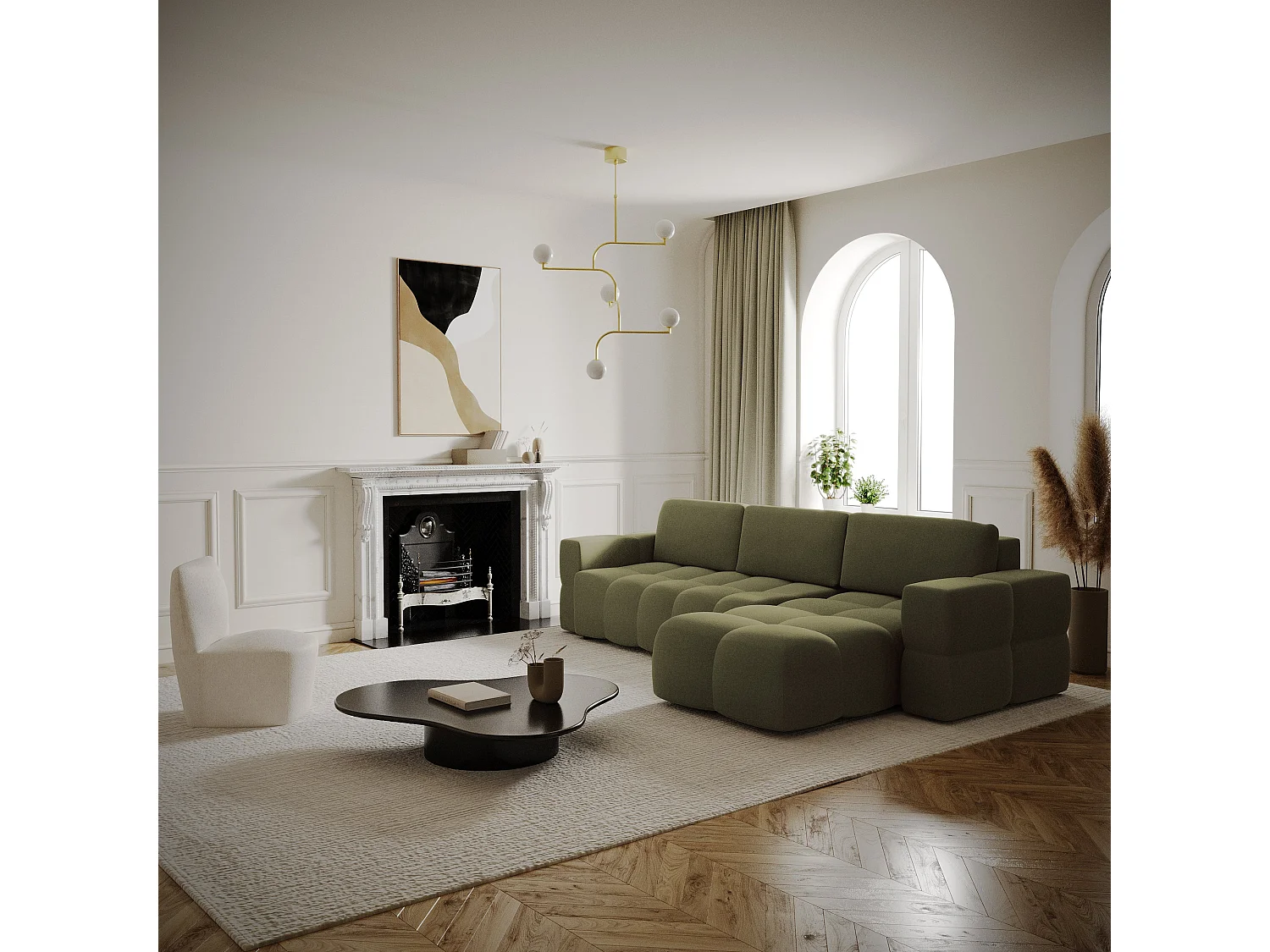 Canapé d'angle gauche convertible coffre 5 places tissu tramé vert  GABRIEL