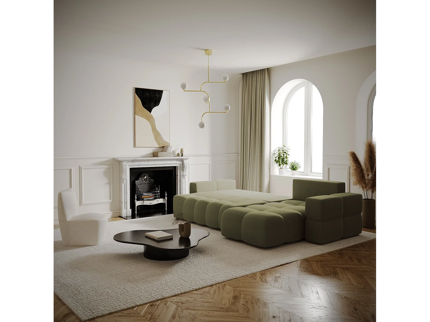 Canapé d'angle gauche convertible coffre 5 places tissu tramé vert  GABRIEL