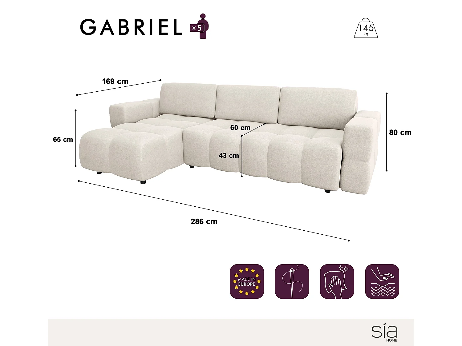 Canapé d'angle gauche convertible 5 places GABRIEL en tissu tramé vert olive