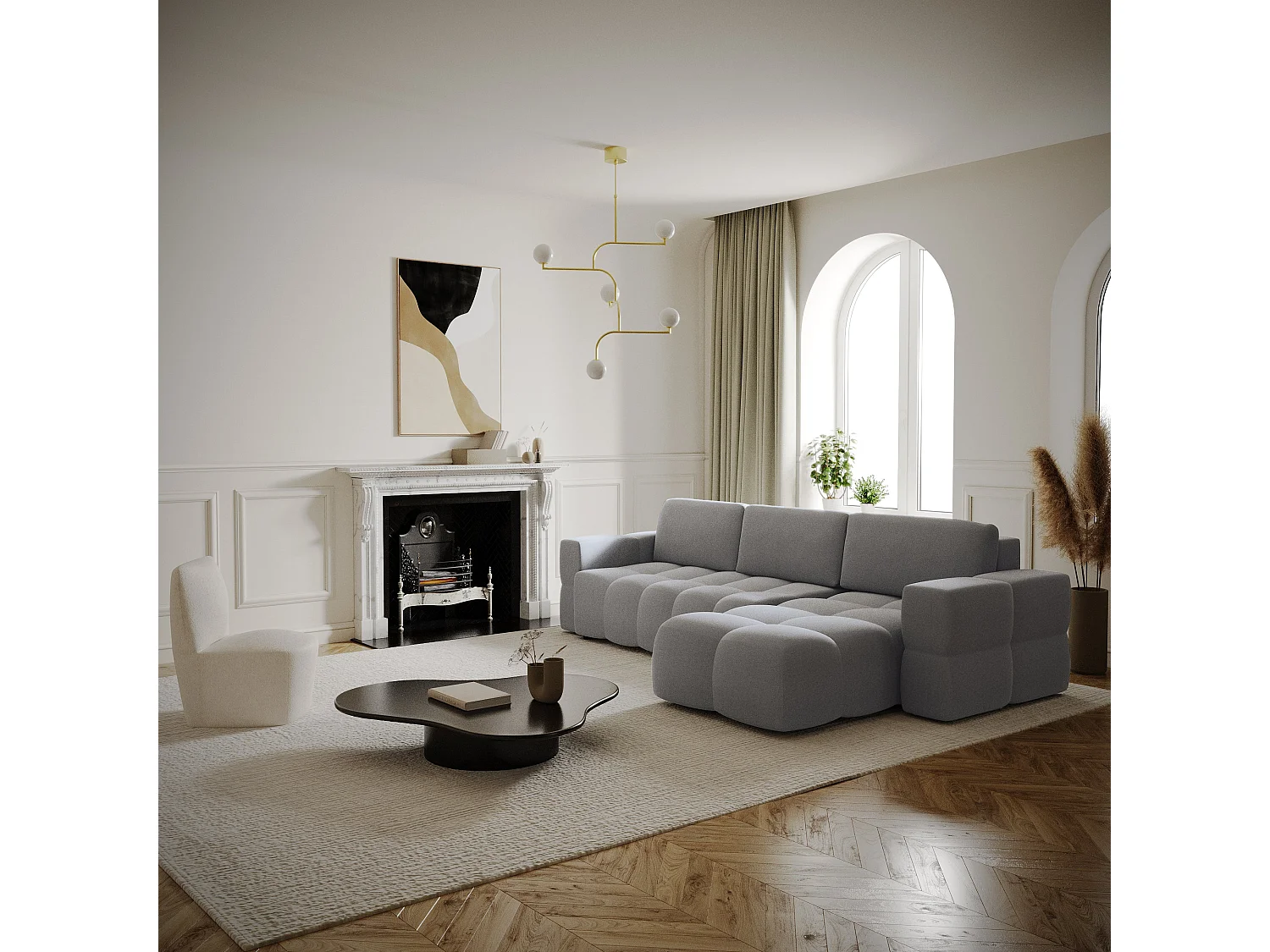 Canapé d'angle gauche convertible coffre 5 places tissu tramé gris  GABRIEL