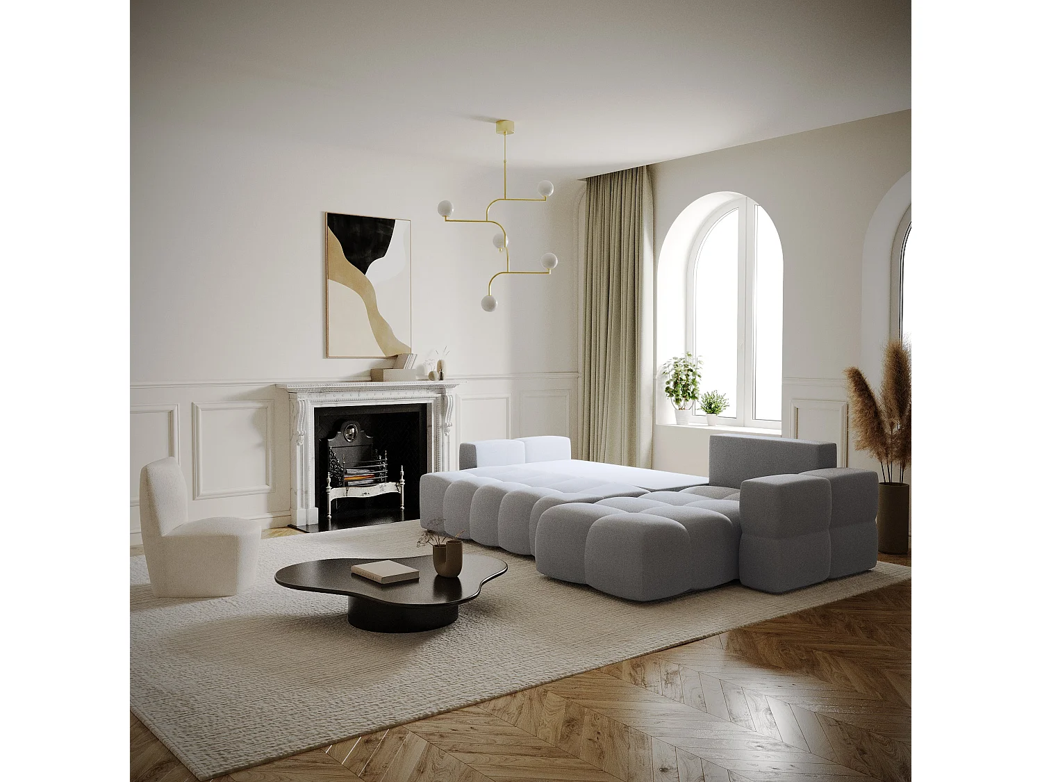 Canapé d'angle gauche convertible coffre 5 places tissu tramé gris  GABRIEL