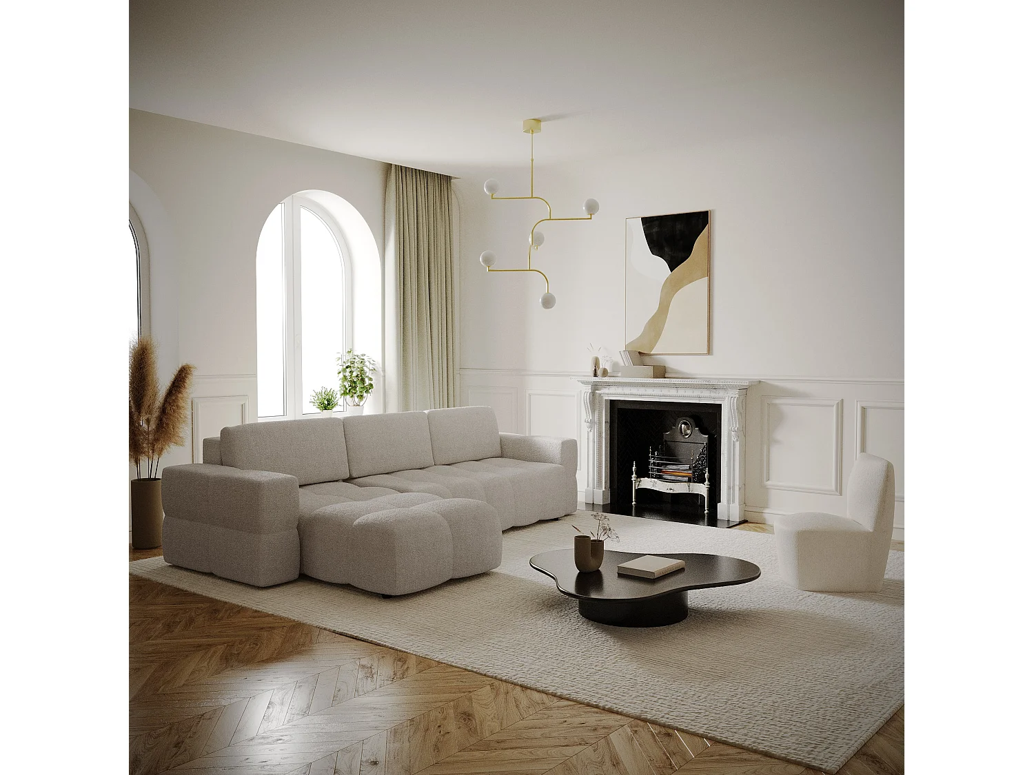 Canapé d'angle droit convertible coffre bouclette beige 260cm