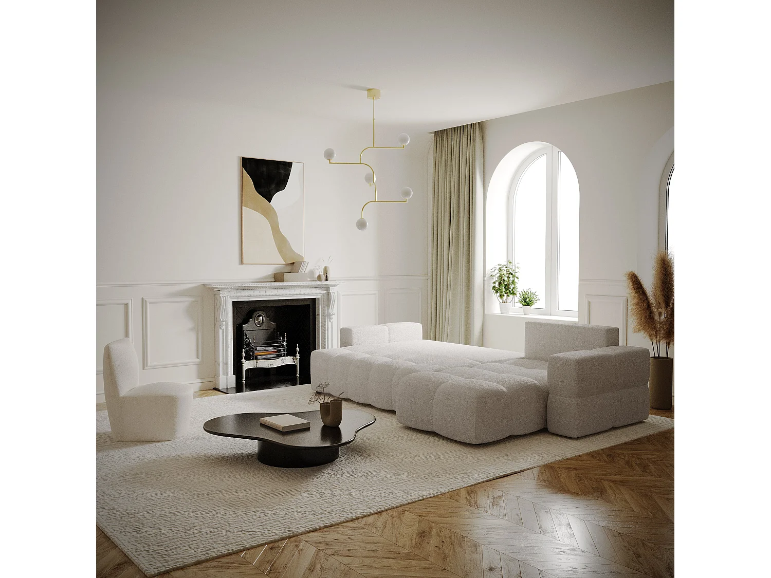 Canapé d'angle droit convertible coffre bouclette beige 260cm