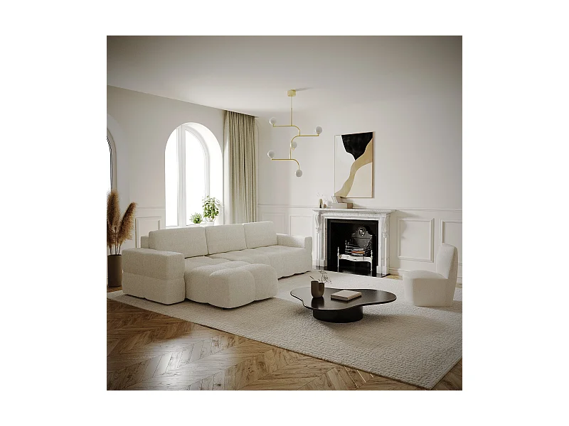 Canapé d'angle droit convertible coffre bouclette crème 260cm