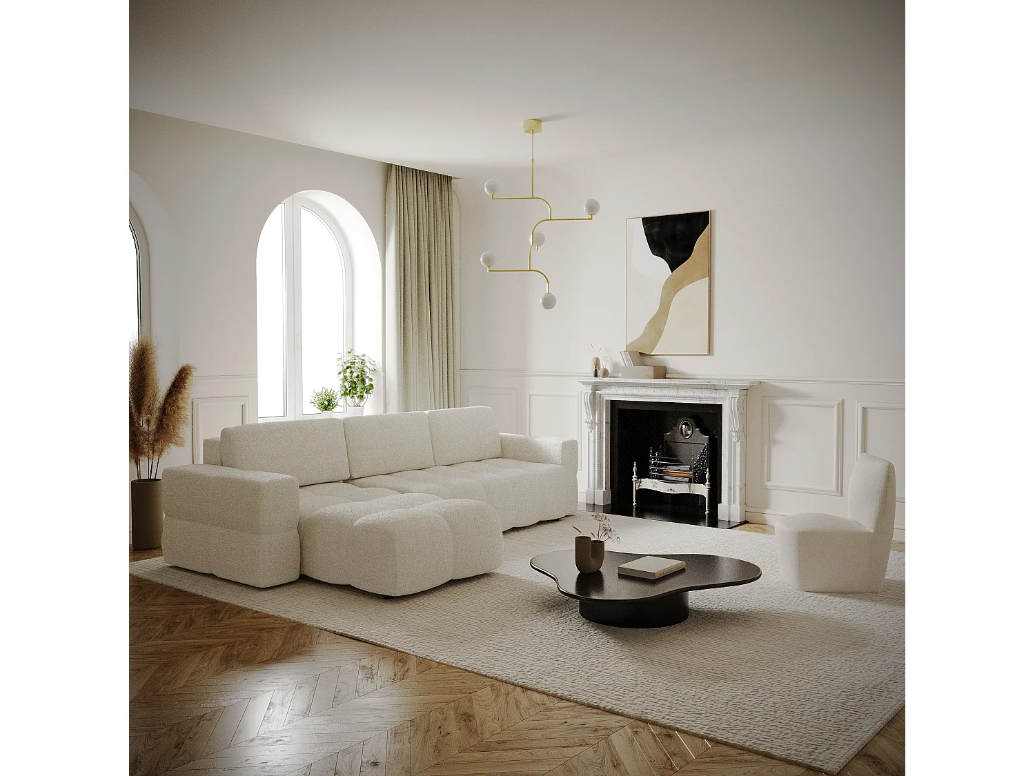 Canapé d'angle droit convertible coffre bouclette crème 260cm