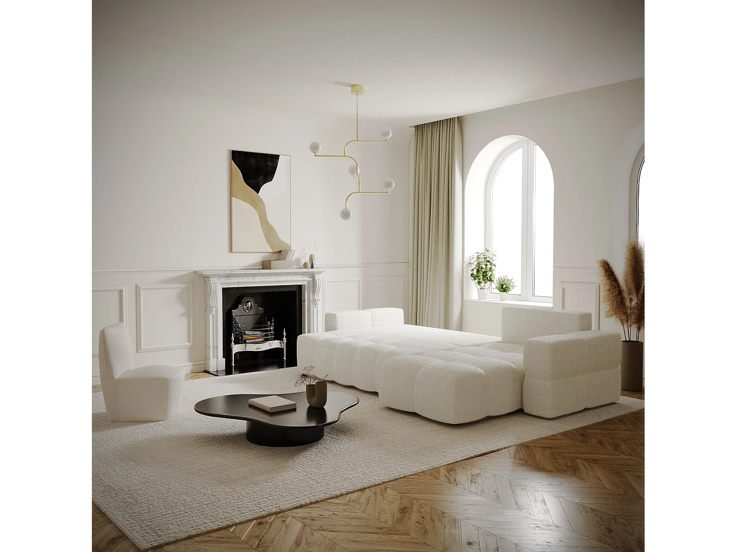 Canapé d'angle droit convertible coffre bouclette crème 260cm