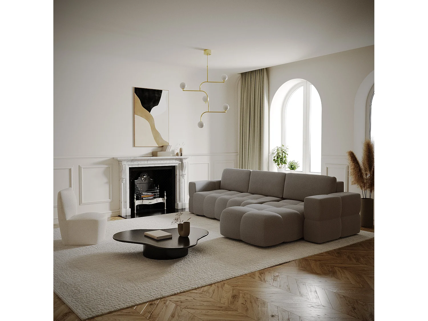 Canapé d'angle gauche convertible coffre tissu tramé taupe 286cm