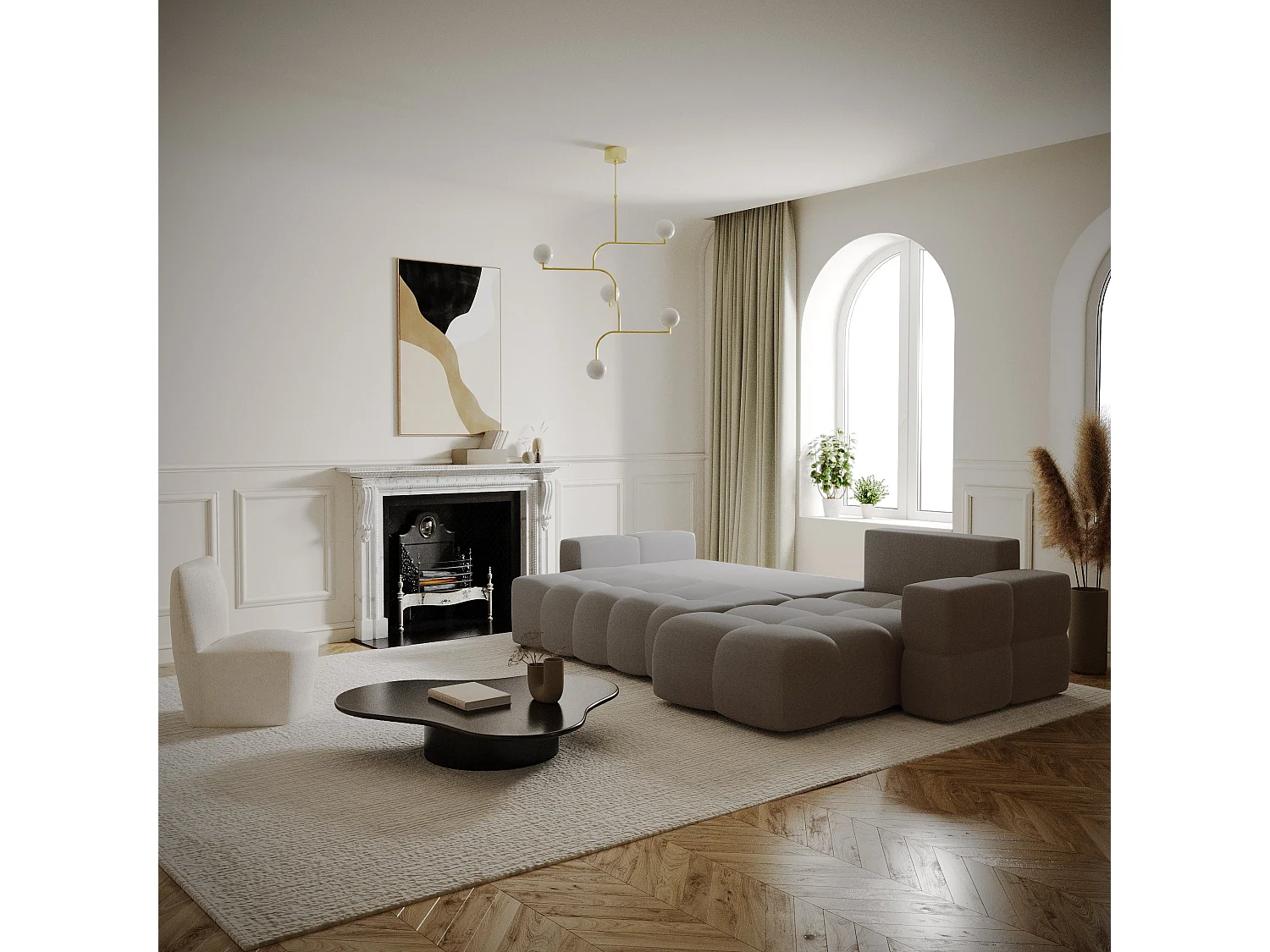 Canapé d'angle gauche convertible coffre tissu tramé taupe 286cm