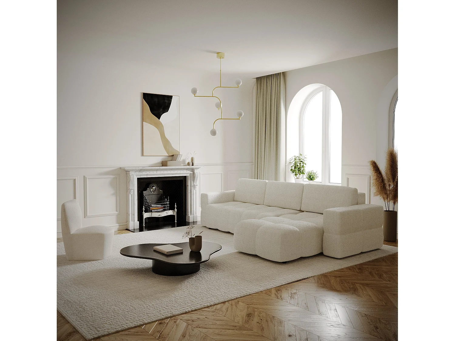 Canapé d'angle gauche convertible coffre 5 places bouclette crème  GABRIEL