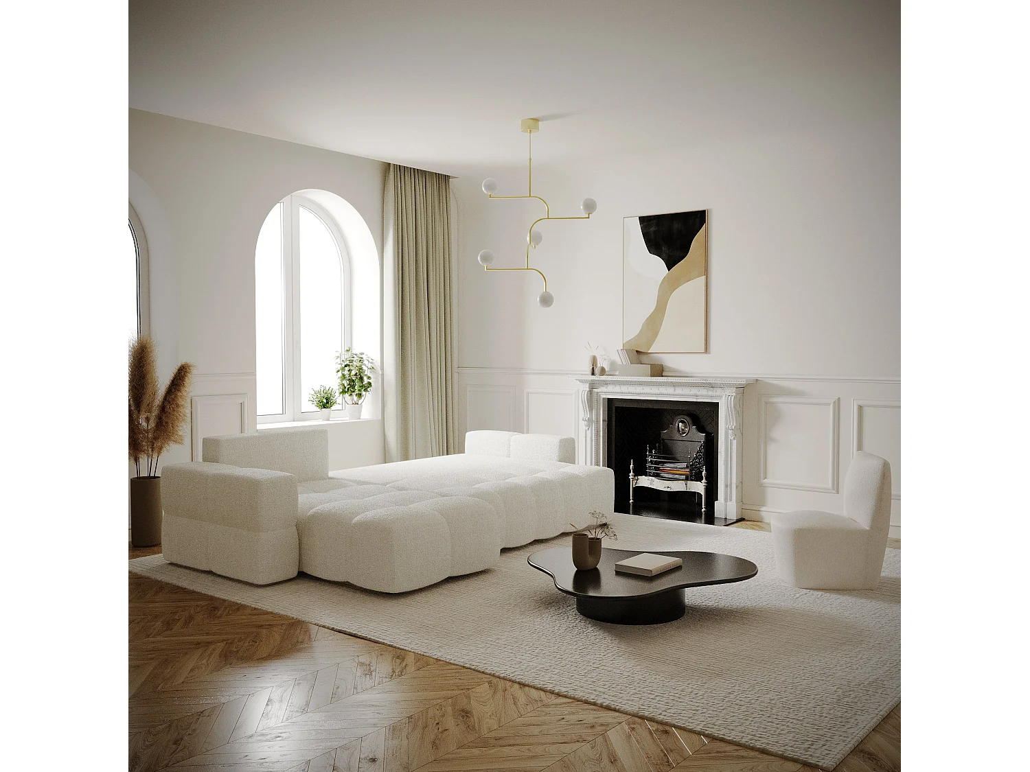 Canapé d'angle gauche convertible coffre 5 places bouclette crème  GABRIEL