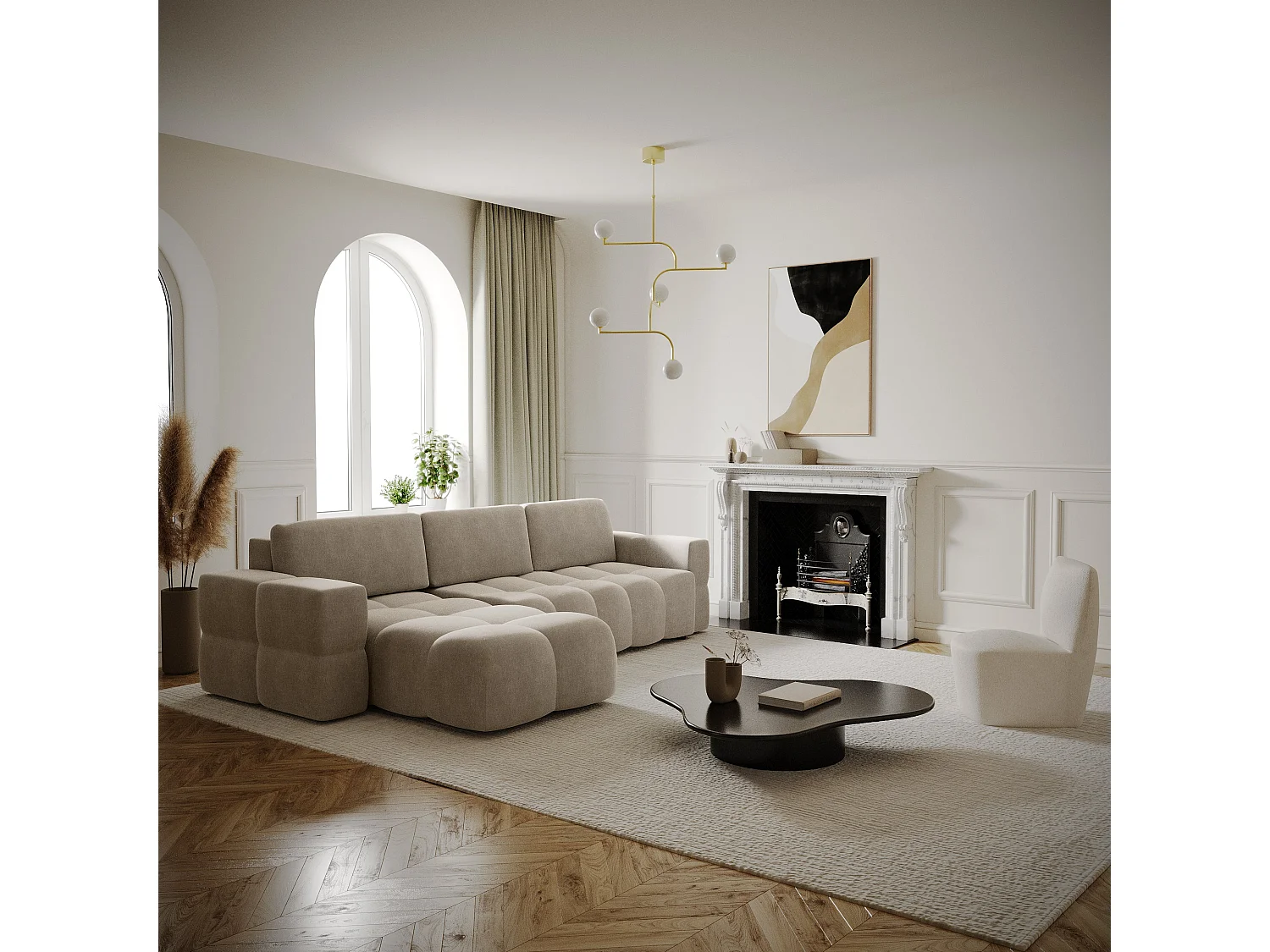 Canapé d'angle droit convertible coffre 5 places velours taupe  GABRIEL