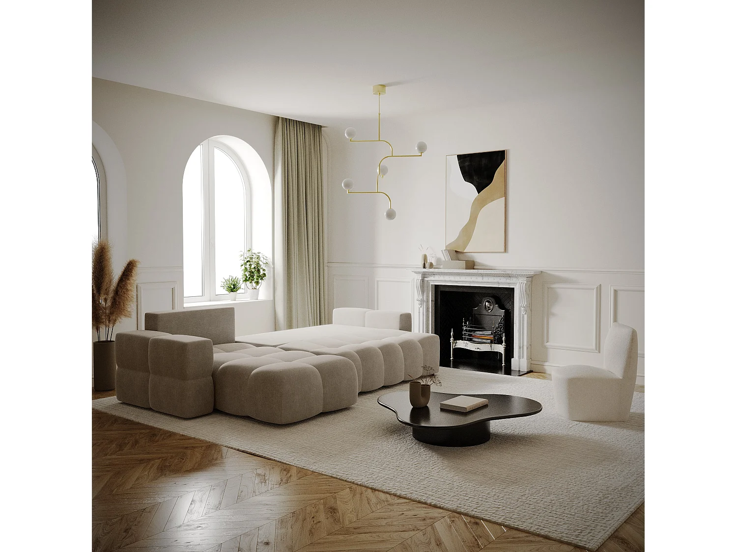 Canapé d'angle droit convertible coffre 5 places velours taupe  GABRIEL