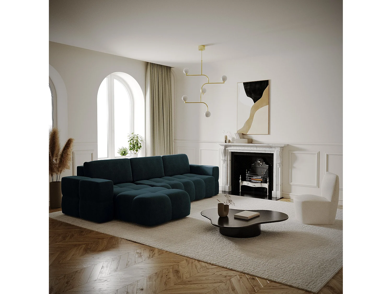 Canapé d'angle droit convertible coffre 5 places velours bleu paon  GABRIEL