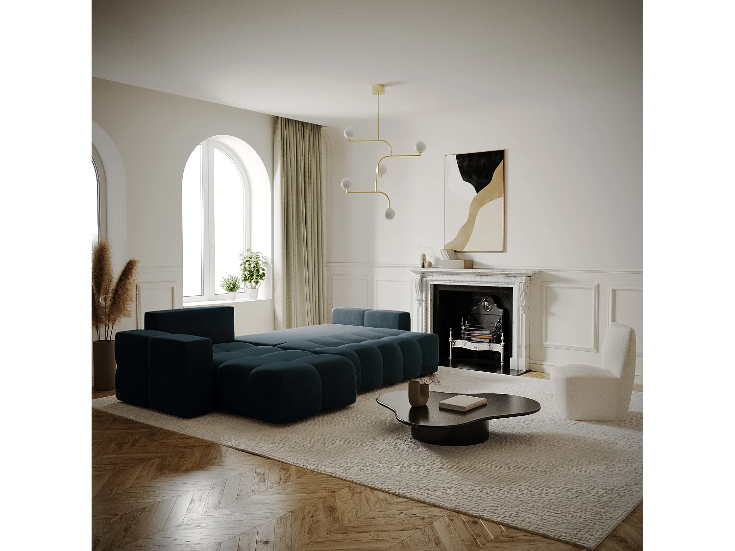 Canapé d'angle droit convertible coffre 5 places velours bleu paon  GABRIEL