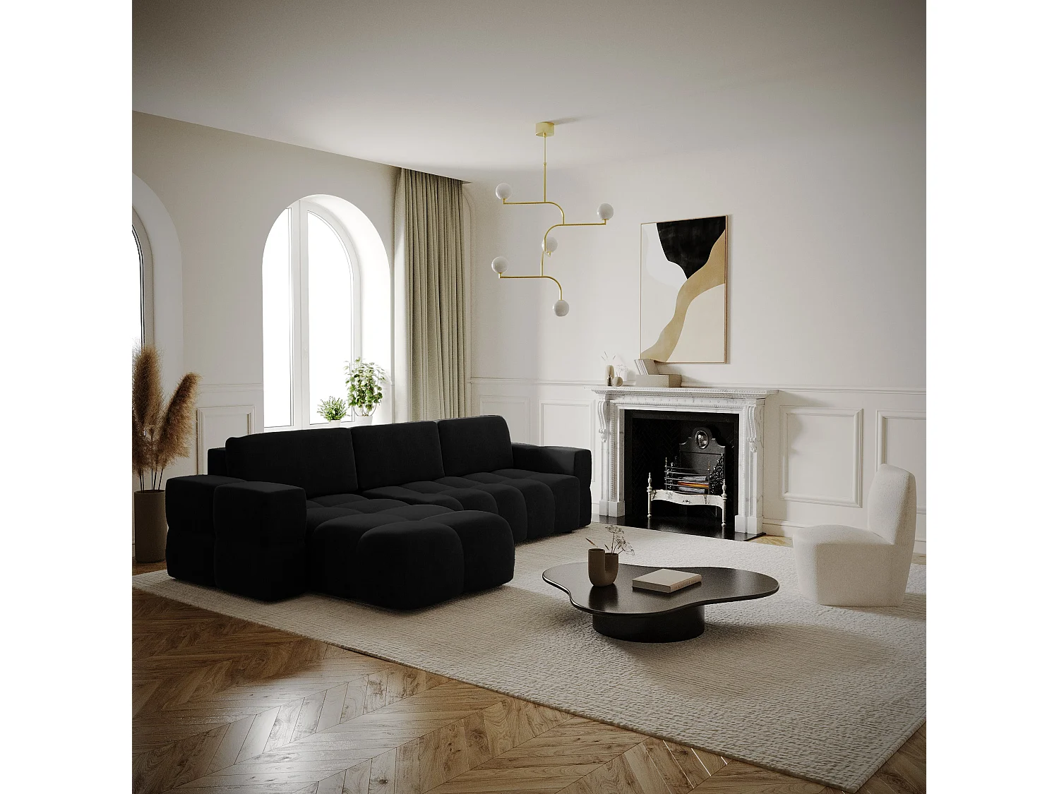 Canapé d'angle droit convertible coffre 5 places velours gris noir  GABRIEL