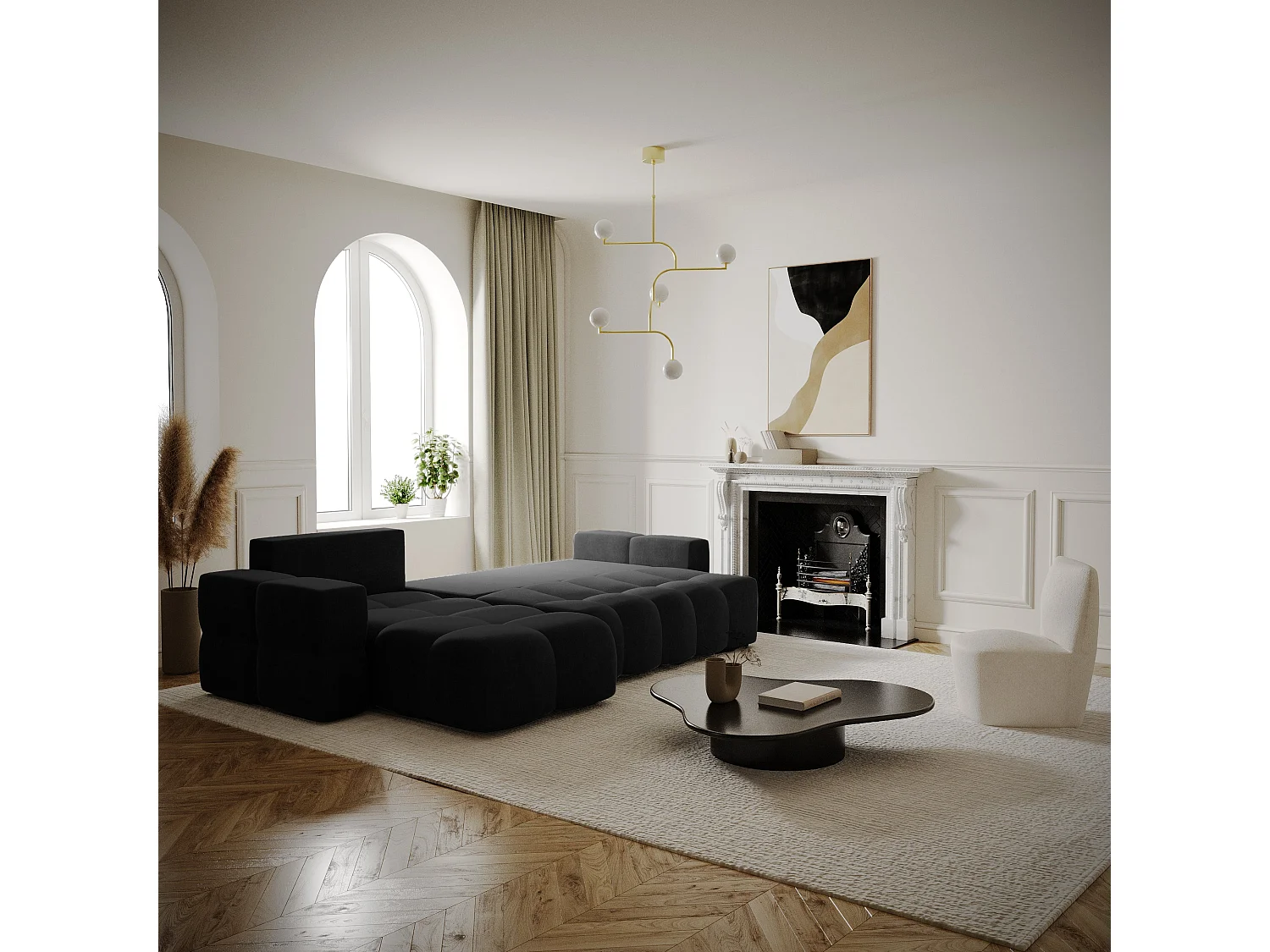 Canapé d'angle droit convertible 5 places avec coffre en velours noir GABRIEL