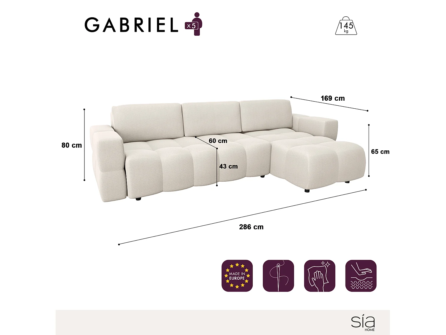 Canapé d'angle droit convertible 5 places avec coffre en velours noir GABRIEL