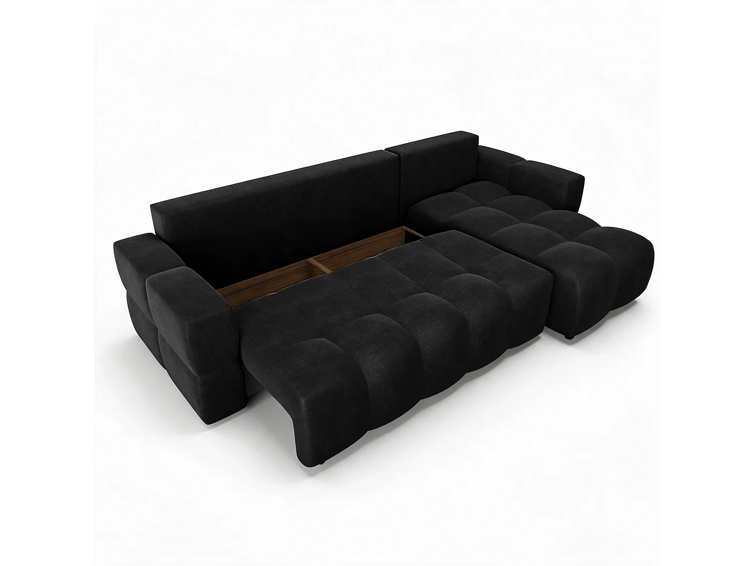 Canapé d'angle droit convertible 5 places avec coffre en velours noir GABRIEL