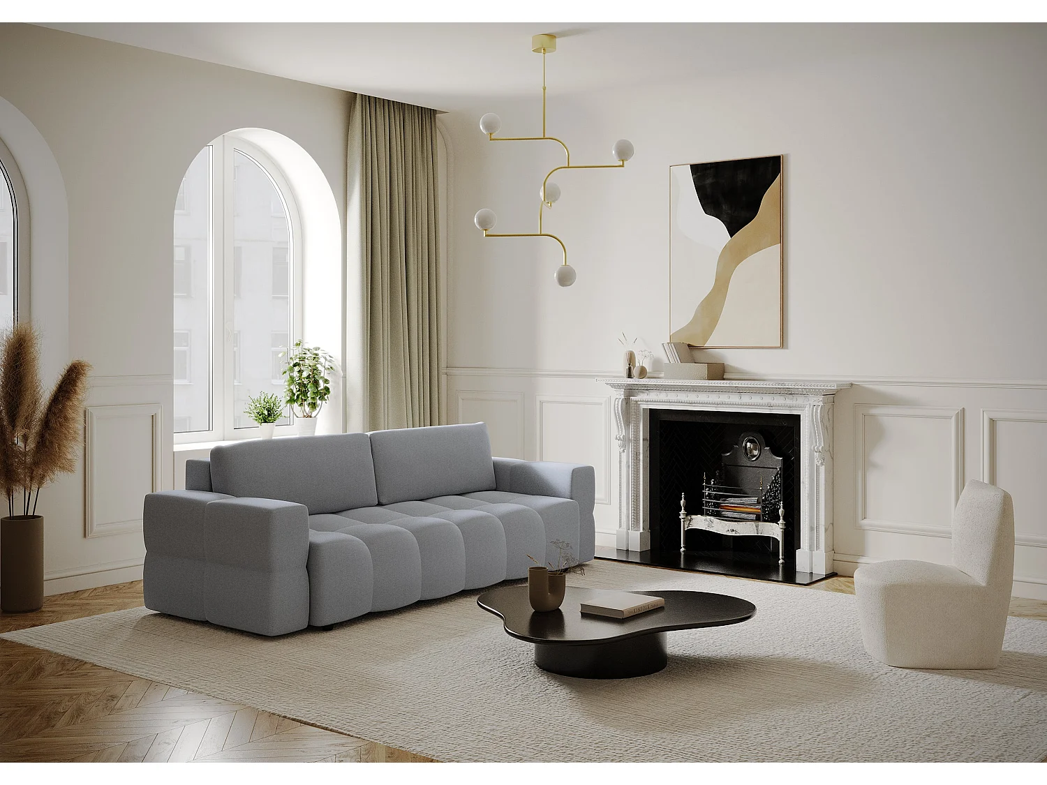 Canapé 4 places convertible coffre tissu tramé gris béton GABRIEL